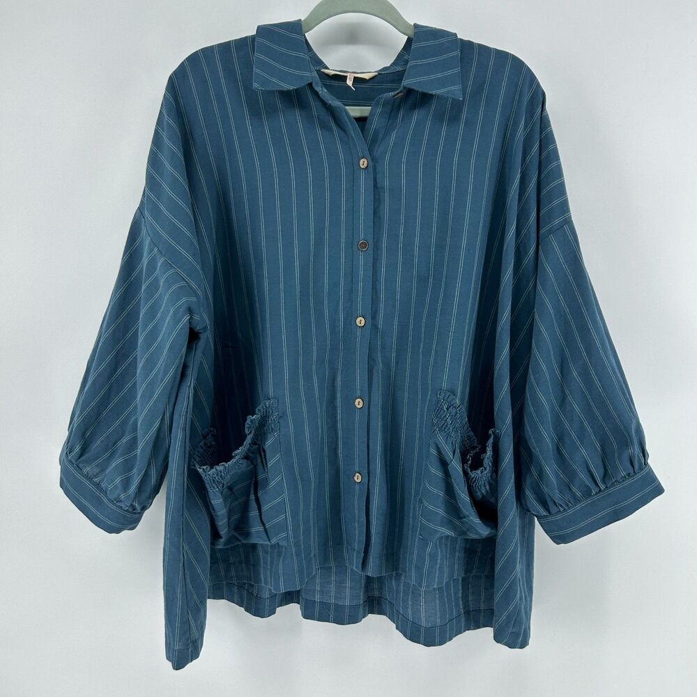 Free People Just Like Me Shirt Linen Cotton Blend Women’s S Indigo Teal Blue Top